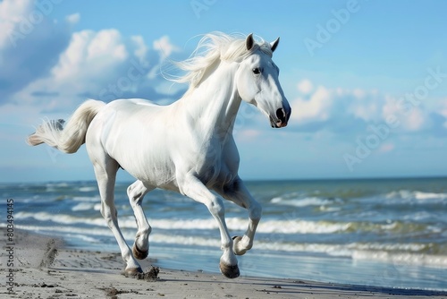 A white horse running at a beach in the sunlight.