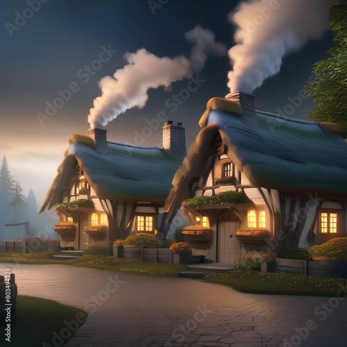 Group of fairy-tale cottages with smoke curling from chimneys2