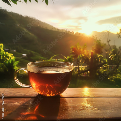 a cup of tea with the sunset in the background photo