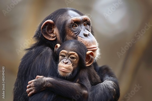 A cute baby chimpanzee in the arms of its mother.