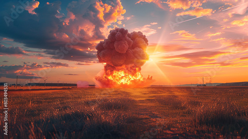 a sunset with a large explosion in the sky.