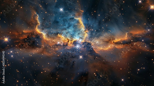 Dramatic blue hues dominate this star-studded nebula, creating an intense and otherworldly celestial scene photo