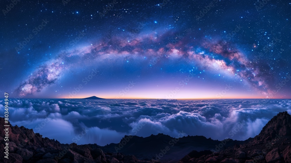 A mesmerizing arc of the Milky Way stretches above a sea of clouds, with rugged mountain peaks emerging to complete this epic scene