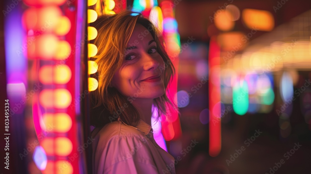 Attractive woman posing with a charming smile, illuminated by colorful neon lights in a festive environment