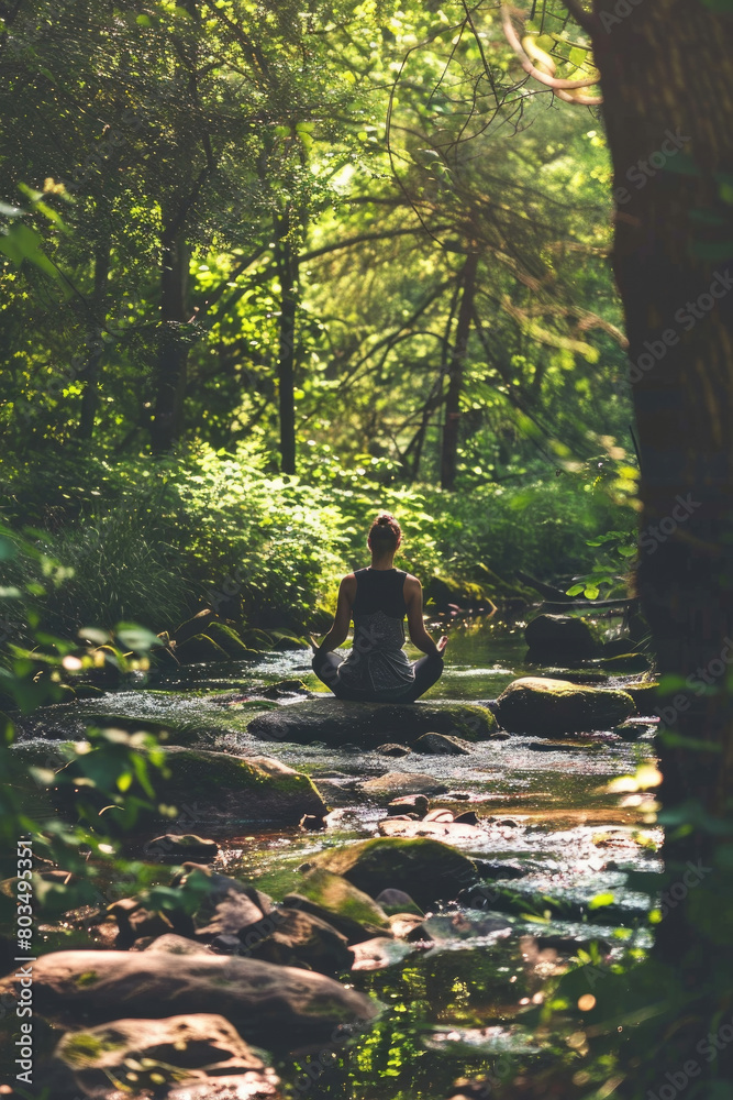 A person is seated on a rock positioned in the center of a flowing river, surrounded by water and nature A person is seated on a rock positioned in the center of a flowing river, surrounded by water and nature