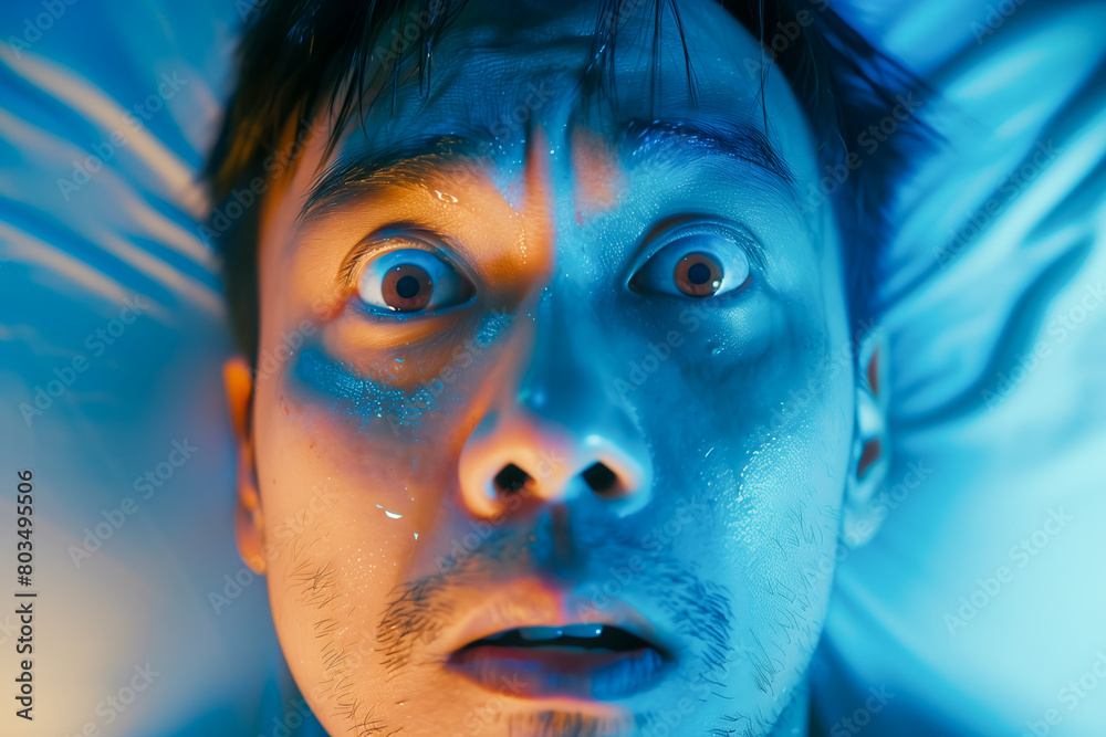 Man had a terrible nightmare, he woke up and looked scared with big eyes. Concept of insomnia and mental health. Man had a terrible nightmare, he woke up and looked scared with big eyes. Concept of insomnia and mental health.