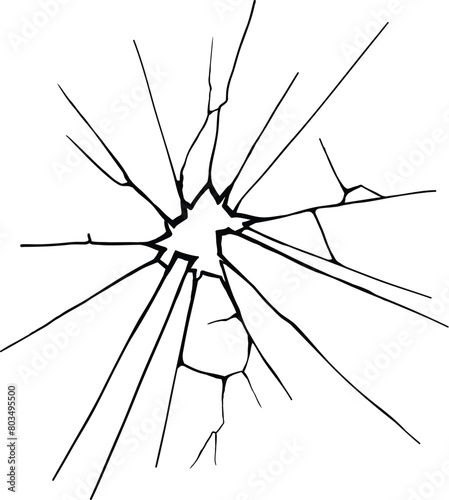 Cracked glass. Broken window, shattered glassy surface and break windshield glass texture silhouette. Crack shattered mirror or bullet hole. Vector illustration isolated icon
