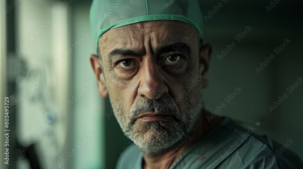 surgeon in hospital after unsuccessful operation, devastated look