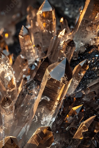 Black colored mountain crystal in close-up   structure of individual crystal tips. Abstract crystal background with copy space. Design for phone wallpaper or invitation.
