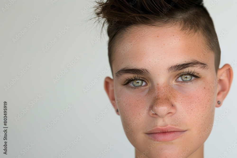 Fototapeta premium A sharp and clear frontal portrait of a young individual with short hair and striking green eyes