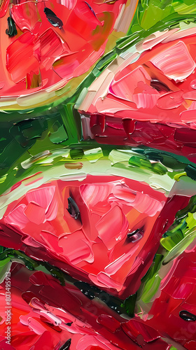 very close up of juicy delicious watermelon slices, bright lighting, macro, thick oil knife painting, high quality, 4k,