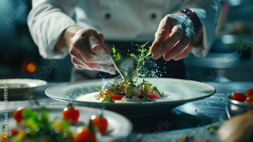 A chef meticulously garnishing a gourmet dish with delicate herbs and spices, creating an edible masterpiece.