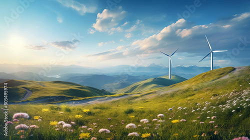 Two wind turbines are on a hillside in a field of flowers photo