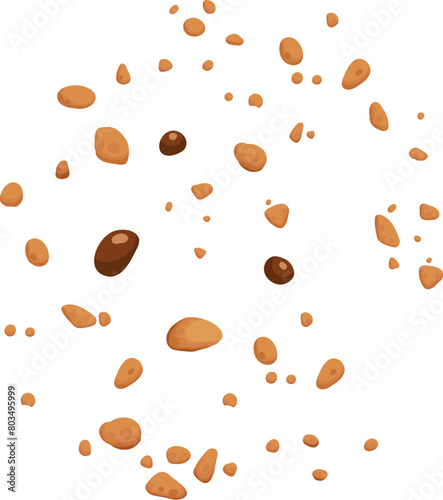 Bitten chocolate chip cookie. Crunch homemade brown biscuit broken with crumbs. Cartoon baked round choco cookie bite animation vector. Illustration animation disappear choco crumb piece bakery