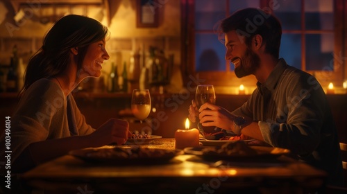 A couple sharing a romantic dinner at a candlelit table  smiling at each other over plates of pasta.