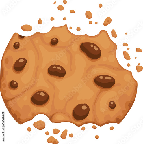 Bitten chocolate chip cookie. Crunch homemade brown biscuit broken with crumbs. Cartoon baked round choco cookie bite animation vector. Illustration animation disappear choco crumb piece bakery