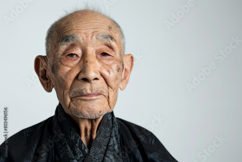 The portrait shows a serene older Asian man, with a calm expression and a hint of a smile
