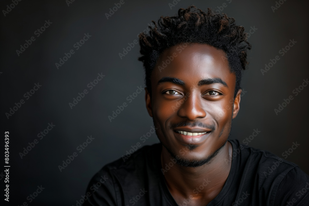 Curly-haired smiling black man in black shirt against black plain background, copy space Curly-haired smiling black man in black shirt against black plain background, copy space