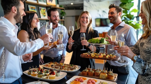 A group of coworkers celebrating a promotion with a champagne toast and a spread of gourmet hors d oeuvres.