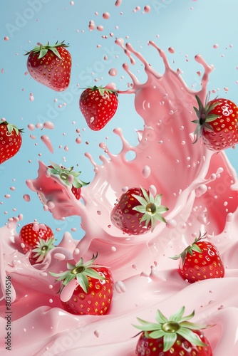 strawberry falling into milk