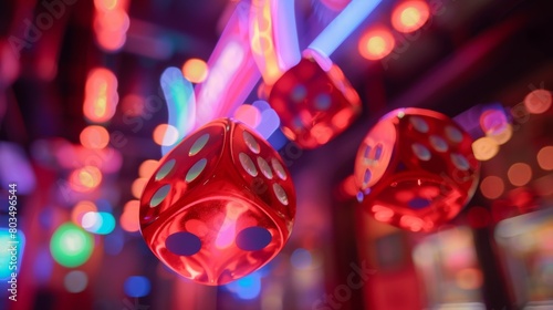 Detailed dice in motion surrounded by neon lights, captures the lively atmosphere of a night at the casino © ChaoticMind