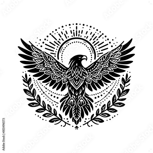 Eagle, hawk bird silhouette in bohemian, boho, nature illustration