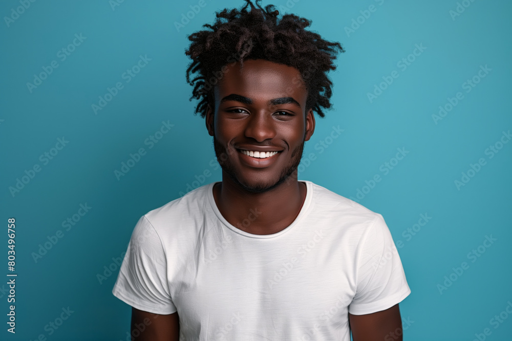 Smiling black man with dreadlocks in white t-shirt against vivid sky blue background, copy space Smiling black man with dreadlocks in white t-shirt against vivid sky blue background, copy space