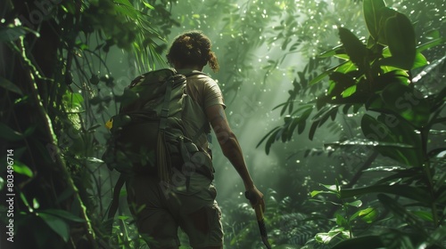An intrepid explorer trekking through a dense jungle, machete in hand as they hack their way through tangled vines and dense undergrowth. photo