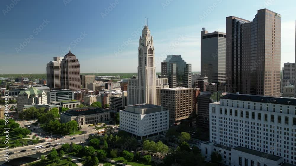 2024 sweeping cinematic wide view of downtown columbus ohio in the morning light showing many skyscraper buildings with an aerial panoramic scope