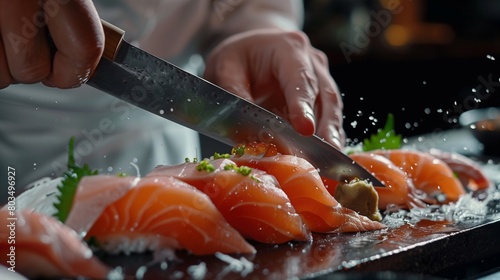 A chef expertly slicing sashimi with a razor-sharp knife, creating delicate slices of fish that melt in the mouth.