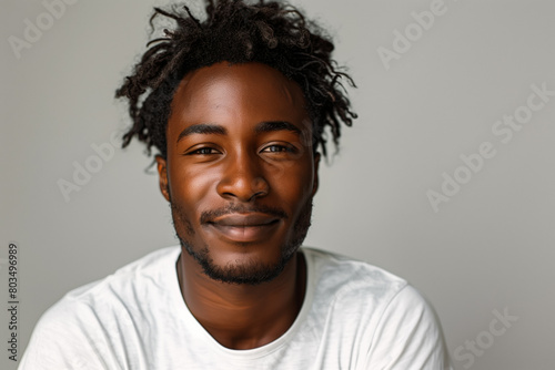 Black man with dreadlocks with slight smile in front of a plain gray background, copy space