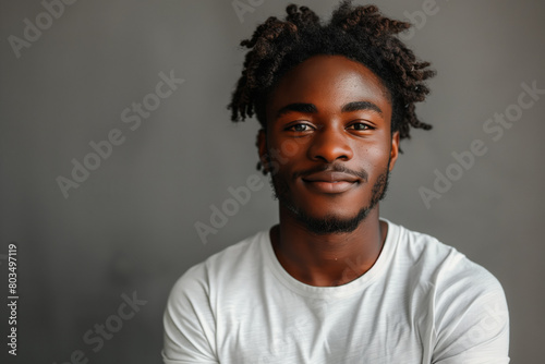 Black man with dreadlocks posing for picture against grey background, minimalist style, copy space
