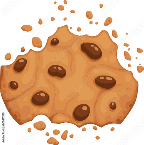 Bitten chocolate chip cookie. Crunch homemade brown biscuit broken with crumbs. Cartoon baked round choco cookie bite animation vector. Illustration animation disappear choco crumb piece bakery
