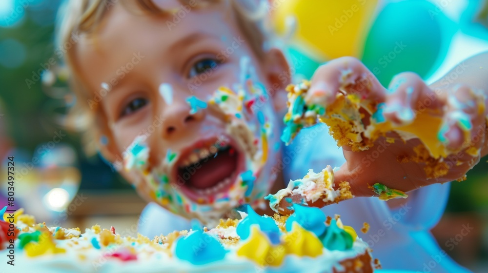 A child eagerly reaching for a slice of birthday cake, with colorful frosting smeared on their face and hands. A child eagerly reaching for a slice of birthday cake, with colorful frosting smeared on their face and hands.
