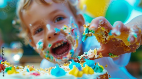 A child eagerly reaching for a slice of birthday cake, with colorful frosting smeared on their face and hands.