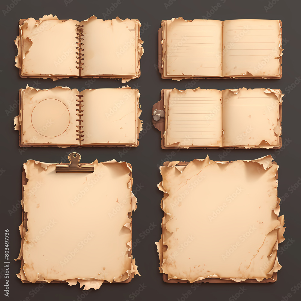 Elegant Vintage Notepad Set: Aged Paper Pages with Torn Edges and Rusty Metal Elements - Perfect for Creative Projects