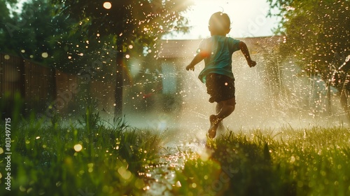 A child running through a sprinkler in the backyard, squealing with delight as water sprays everywhere. photo