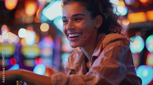 Happy young woman with a radiant smile enjoying the vibrant casino atmosphere at night