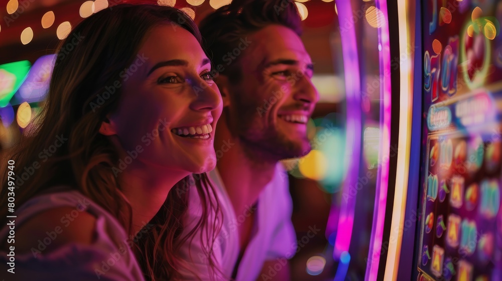 Two people smile while playing at a brightly lit slot machine, capturing joy and leisure