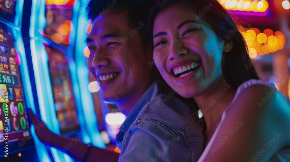 Gleeful couple share a moment of pure happiness with casino games surrounding them in vibrant hues Gleeful couple share a moment of pure happiness with casino games surrounding them in vibrant hues