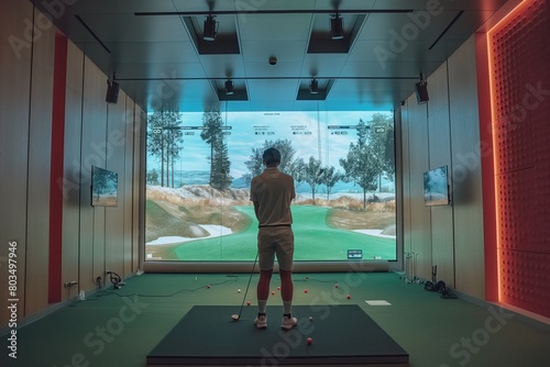 Golfer playing golf in indoor simulator Mixed media. golf simulator
