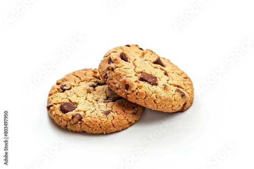 Two chocolate chip cookies on a white background. The cookies are placed next to each other and appear to be freshly baked