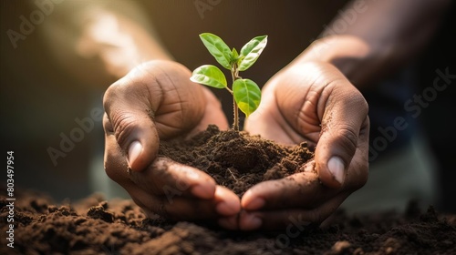 A person is holding a small plant in their hands