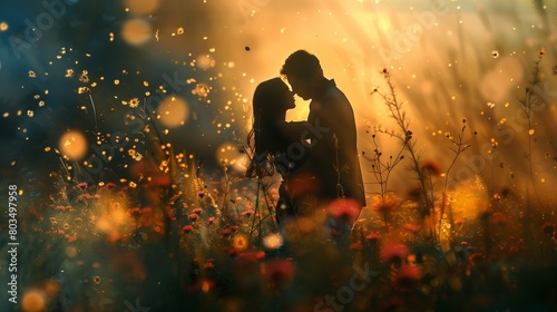 A couple sharing a passionate kiss in a field of wildflowers, lost in the beauty of the moment.
