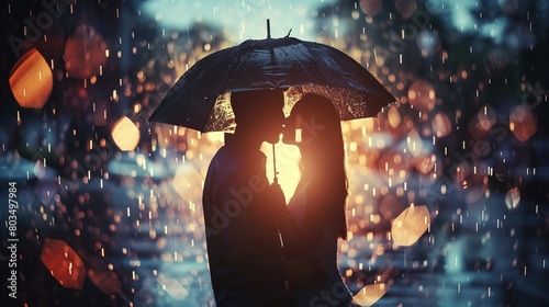 A couple sharing a sweet kiss in the rain, their umbrellas forgotten as they enjoy the moment together.