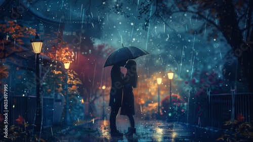 A couple sharing a sweet kiss in the rain, their umbrellas forgotten as they enjoy the moment together. photo