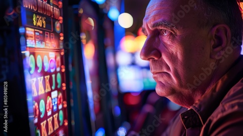 An image capturing the vibrant atmosphere of a casino with a man engaging in a slot machine  neon lights glowing