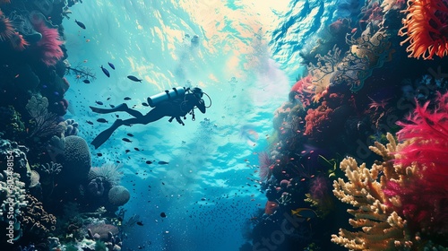 A daring diver plunging into the depths of an azure ocean, surrounded by colorful coral reefs and exotic marine life.
