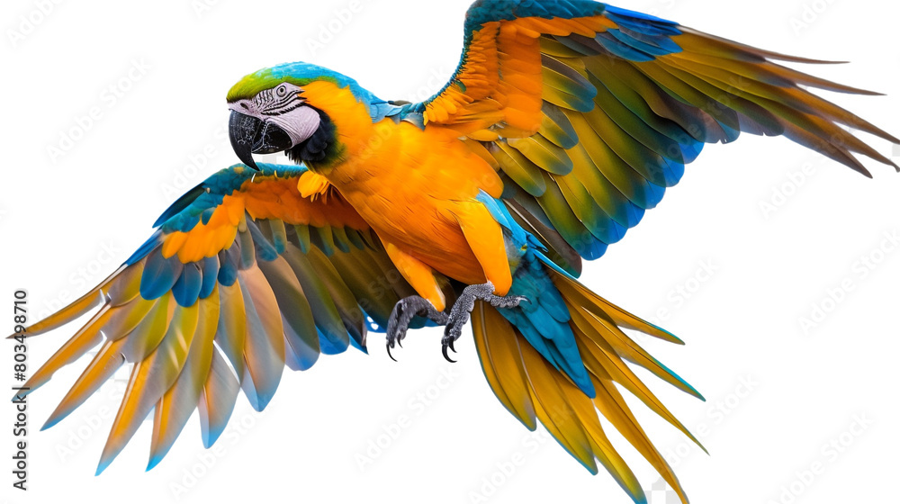 A colorful parrot with feathers spread on a transparent background. PNG format, This PNG file, with an isolated cutout object on a transparent background. 