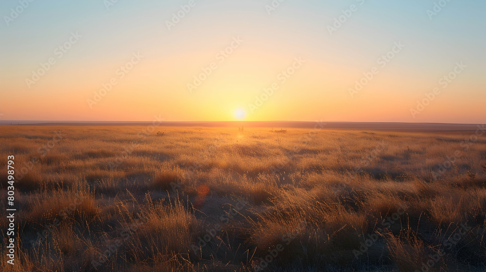 A serene sunrise over a vast prairie with dew-covered grass and a clear blue sky, showcasing the quiet beauty of early morning A serene sunrise over a vast prairie with dew-covered grass and a clear blue sky, showcasing the quiet beauty of early morning